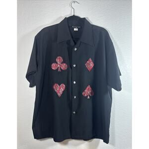 Johnny Suede Black Polyester Card Suits Lounge Bowling Shirt Men's Size XL